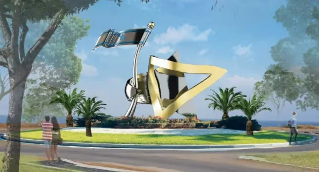 כיכר שמיר והרב קוק בעפולה: דגל ישראל מנירוסטה ומגן דוד מופשט בגימור זהב, הדמיה
