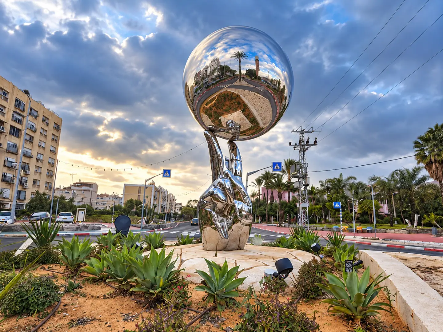 חובק עולם: יד נירוסטה מלוטשת עולה מתוך אבן ומחזיקה כדור מראה גדול שמשקף את הרחוב, באור יהודה