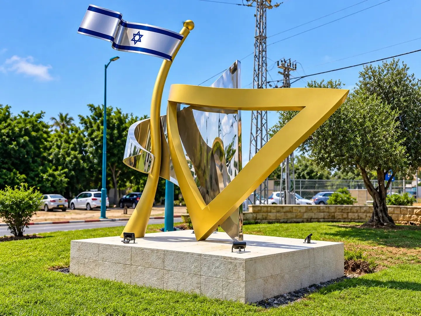 מגן דוד מוזהב: משולש זהב גדול ולוח נירוסטה מלוטש יוצרים יחד מגן דוד, ולצדם תורן זהב ודגל ישראל מנירוסטה, על במה מחופה אבן בלוד
