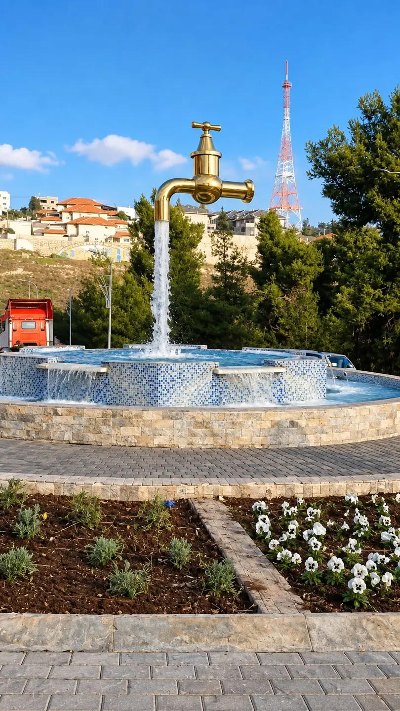 הברז המרחף: ברז זהב ענק שנראה מרחף באוויר, וזרם מים נופל ממנו אל מזרקה מצופה פסיפס כחול, בצפת