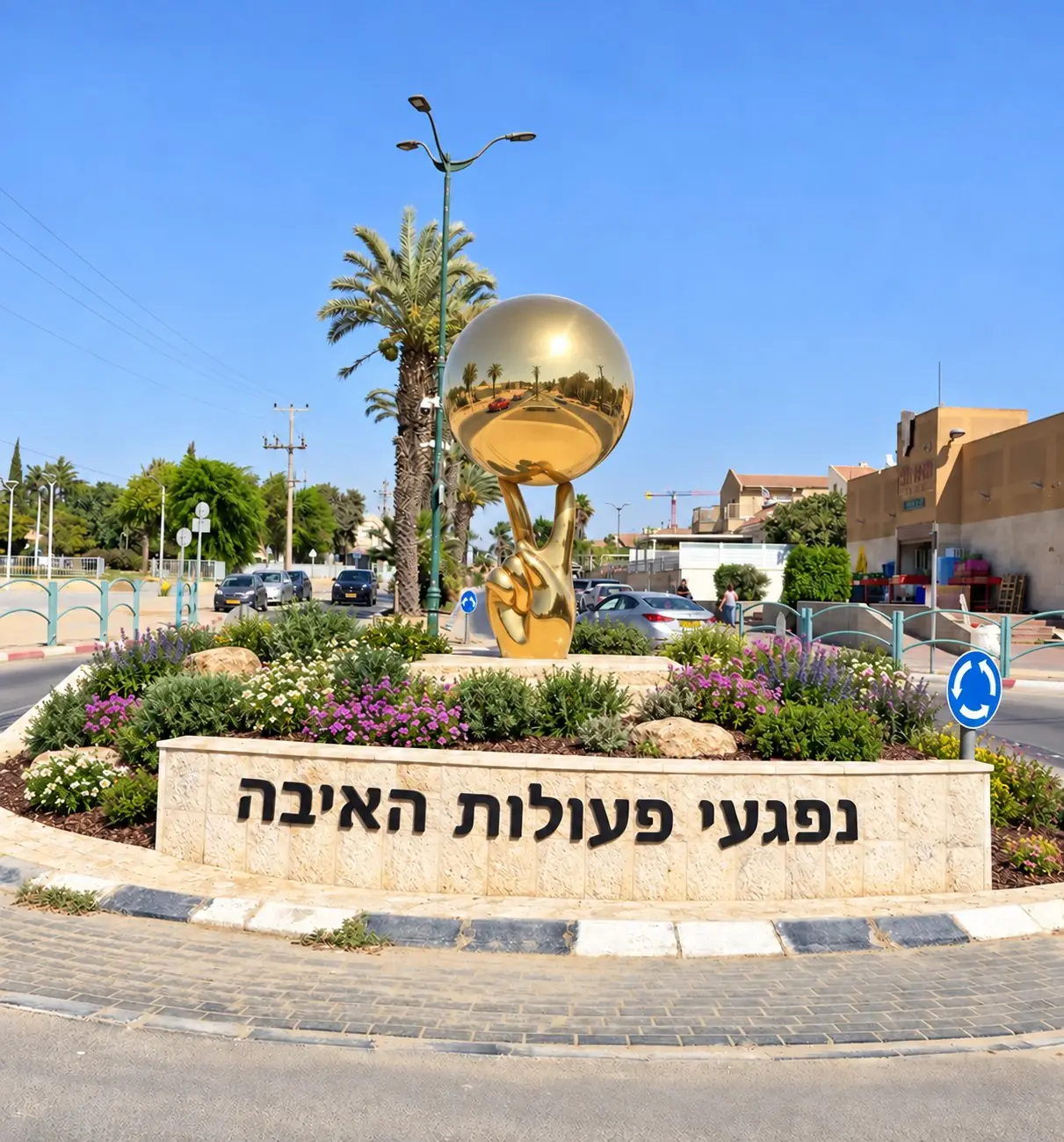 יד זהב המסמנת ניצחון ומחזיקה כדור זהב, בכיכר לזכר נפגעי פעולות האיבה בדימונה